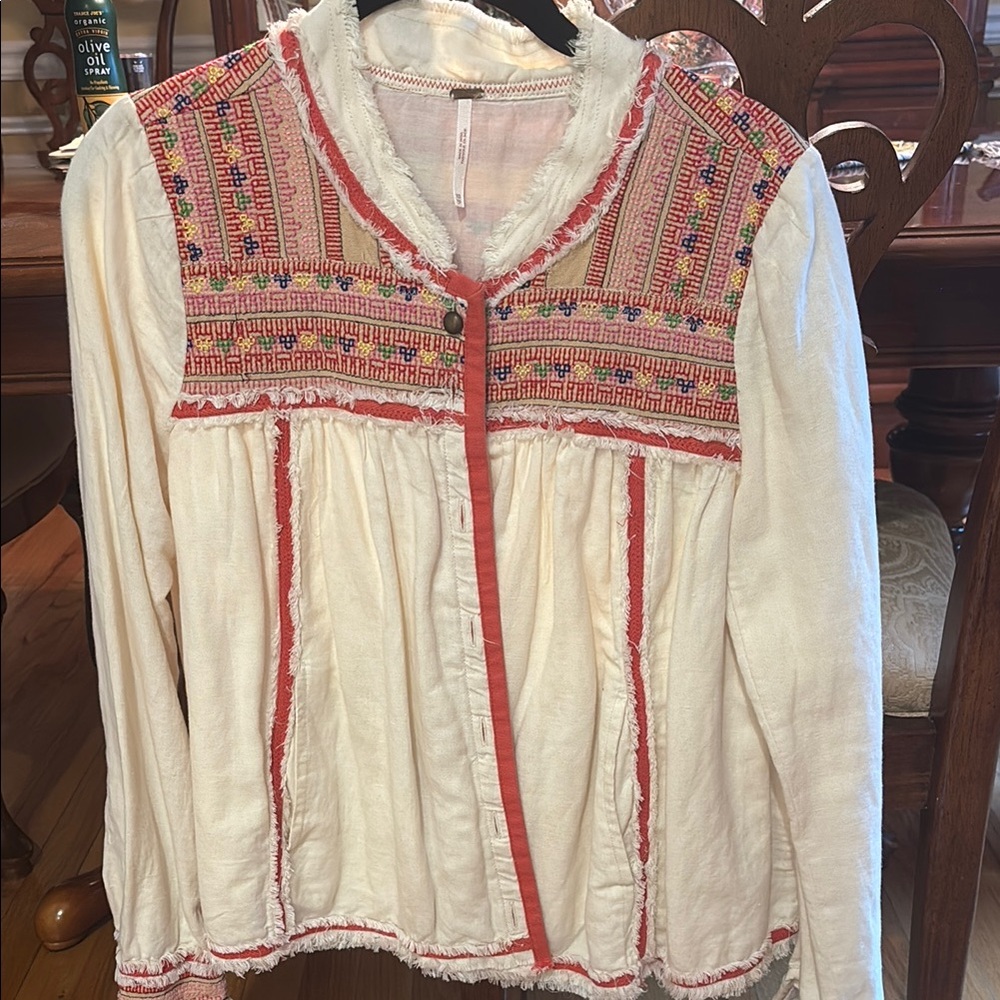Free People Cream and Red Ruffled Blouse with Mandarin Collar
